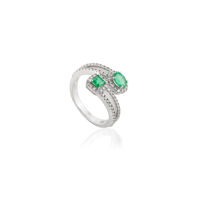 Not Yet Made - Made To Order Two Stone Emerald & Chunky Diamonds Bypass Ring Size 7 For Sale - Image 5 of 12