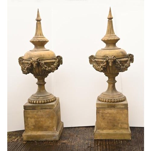 English Stone Garden Urns with Ram Masks, Set of 2 For Sale - Image 3 of 15