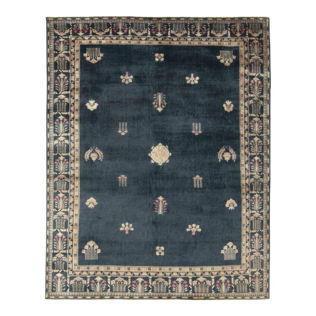 Vintage Chinese Deco Style Rug in Blue, Beige-Brown Medallion Floral Pattern For Sale