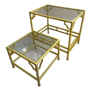 Pair of Vintage Meadowcraft Palm Beach Style Faux Bamboo Side Tables in a Custom Canary Yellow For Sale