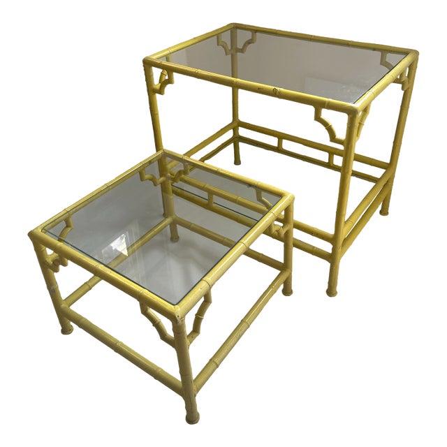 Pair of Vintage Meadowcraft Palm Beach Style Faux Bamboo Side Tables in a Custom Canary Yellow For Sale