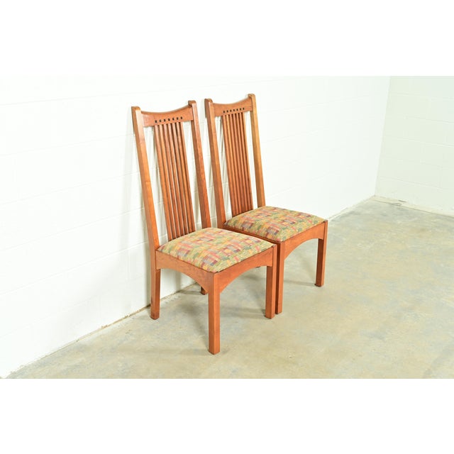 L. & J.G. Stickley, Inc. Stickley Arts & Crafts Cherry Wood High Back Spindle Side Chairs or Dining Chairs, Pair For Sale - Image 4 of 14