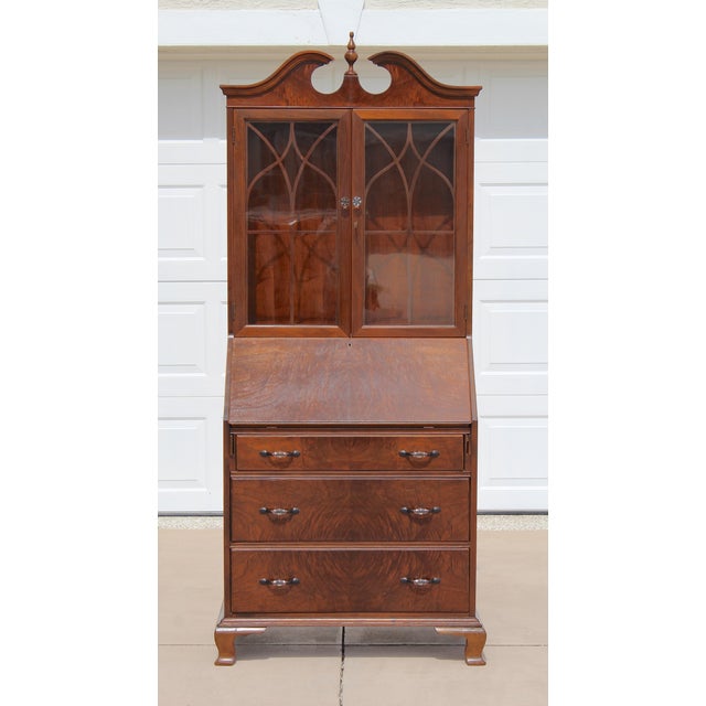 Vintage Georgian Revival Flame Mahogany Secretary Desk Bookcase With Glass Doors, Circa 1940s–1950s For Sale - Image 4 of 18
