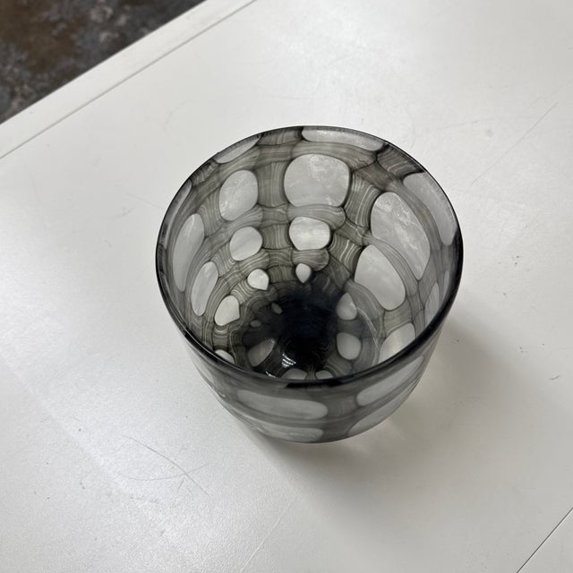 Contemporary Smoke Gray + White Geometric Art Glass Bowl Vase For Sale - Image 11 of 12