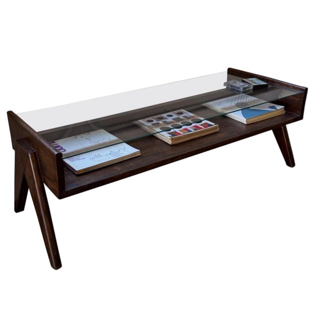 1960's Pierre Jeanneret Chandigarh Pj-Tb-05-a teak coffee table with glass top. In excellent restored vintage condition...