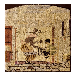 1920s Tan Camel Scene Pictorial Antique American Hooked Rug 2' 0" X 2' 0" Handknotted Wool Carpet For Sale