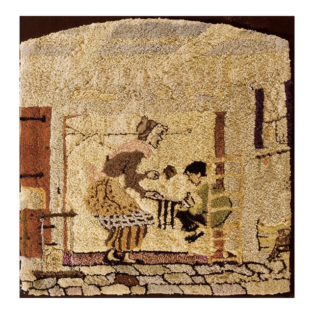 1920s Tan Camel Scene Pictorial Antique American Hooked Rug 2' 0" X 2' 0" Handknotted Wool Carpet For Sale