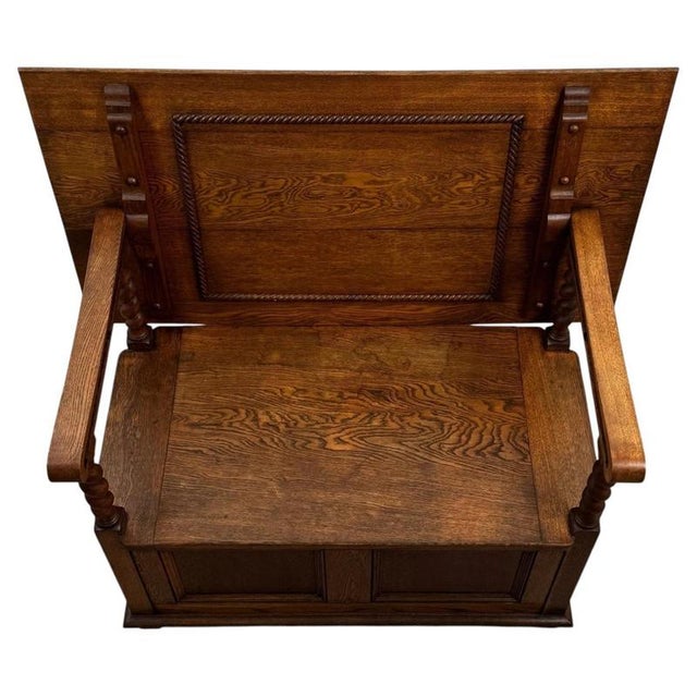 Antique English Golden Oak Monks Bench For Sale - Image 4 of 14