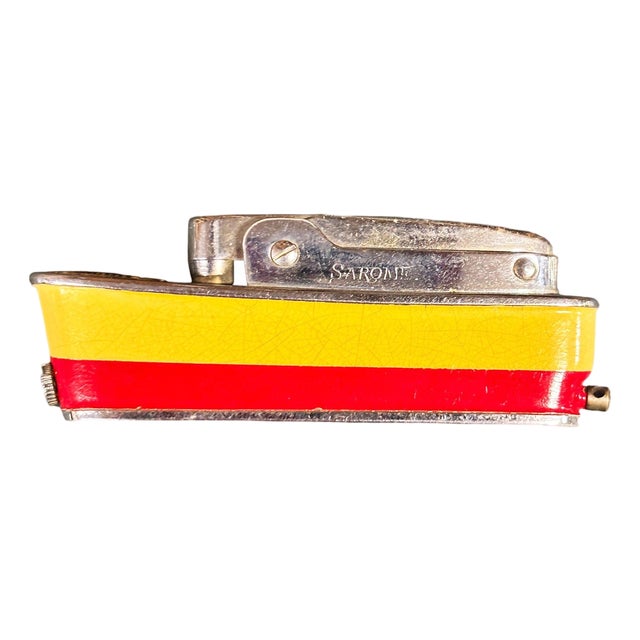 1960s MCM Novelty "Cruiser" Yellow & Red Cruise Ship Enameled Lighter by Sarome Japan For Sale