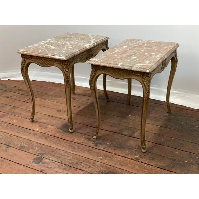 1970s 1970s Carved Oak and Marble Louis XV Style End Tables, a Pair For Sale - Image 5 of 16