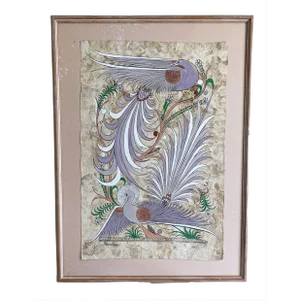 Rodolfo Flores Mexican Artist Original Aztec Painting on Bark Paper, Signed, Framed