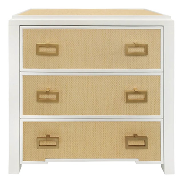 Matthew Izzo Home - Radley Natural Rattan and Matte White Lacquer Three Drawer Side Table With Satin Brass Drawer Pulls For Sale