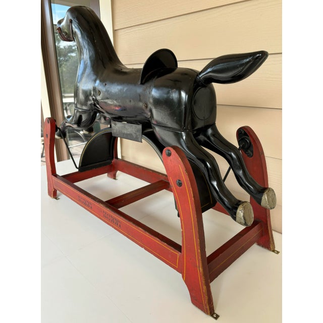 Wood Steel Glider Horse Circa 1930 Corcoran Manufacturing Company Black Beauty Green Arrow Line Very Rare For Sale - Image 7 of 12