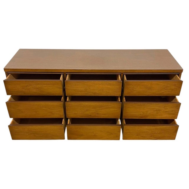 1970s Mid Century Modern 9 Drawer Lowboy Dresser With Dovetail Drawers and Tapered Legs For Sale - Image 9 of 9