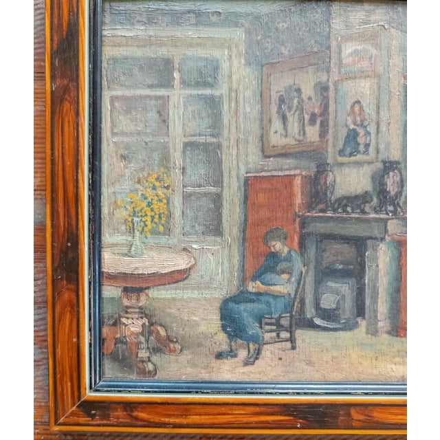 Wood Early 20th Century Oil on Wood Panel Painting of Mother and Child in an Interior Scene For Sale - Image 7 of 12