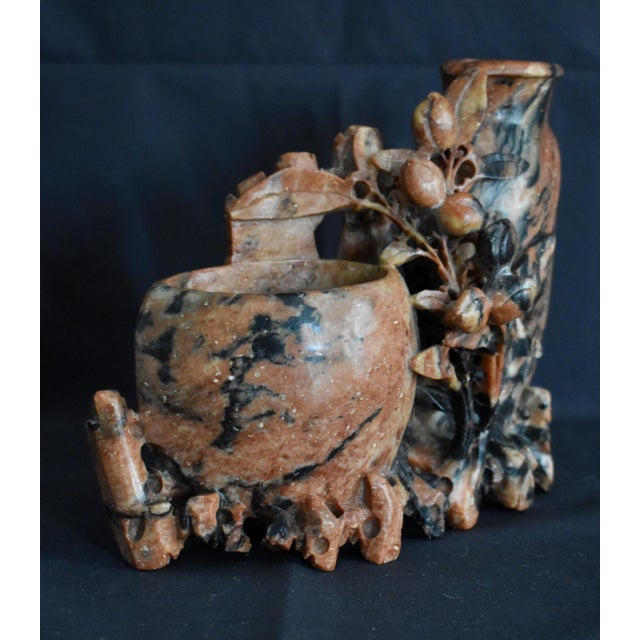 Antique Chinese Carved Soapstone Double Vase Floral Sculpture Pot Red Black For Sale - Image 10 of 14