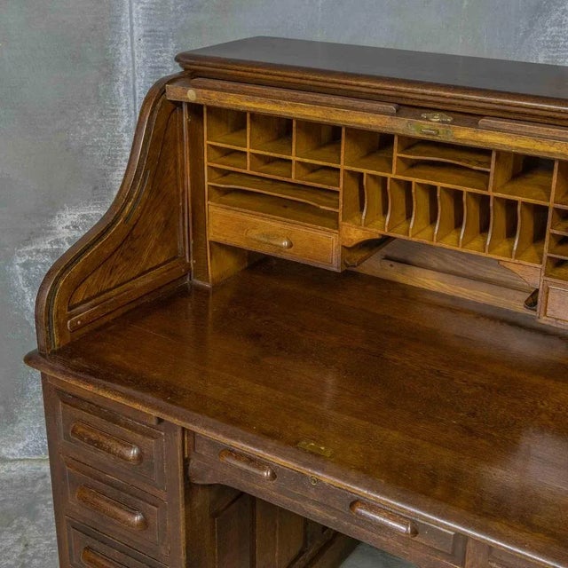 Edwardian Oak Roll Top Desk For Sale - Image 13 of 17