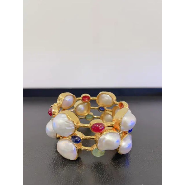 Bochic Set Off 4 Capri Bangles Multi Natural Gems Pearl lSet 18K Gold & Silver, 4 Pieces For Sale - Image 4 of 12