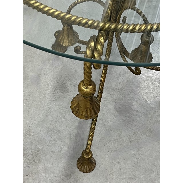1960s Hollywood Regency Gilt Metal Side Table W/ Glass Top, 1960s Rope & Tassel Design For Sale - Image 5 of 17