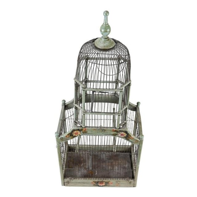 Light Green Antique Hand Painted Celadon Green Victorian Dome Birdcage For Sale - Image 8 of 10