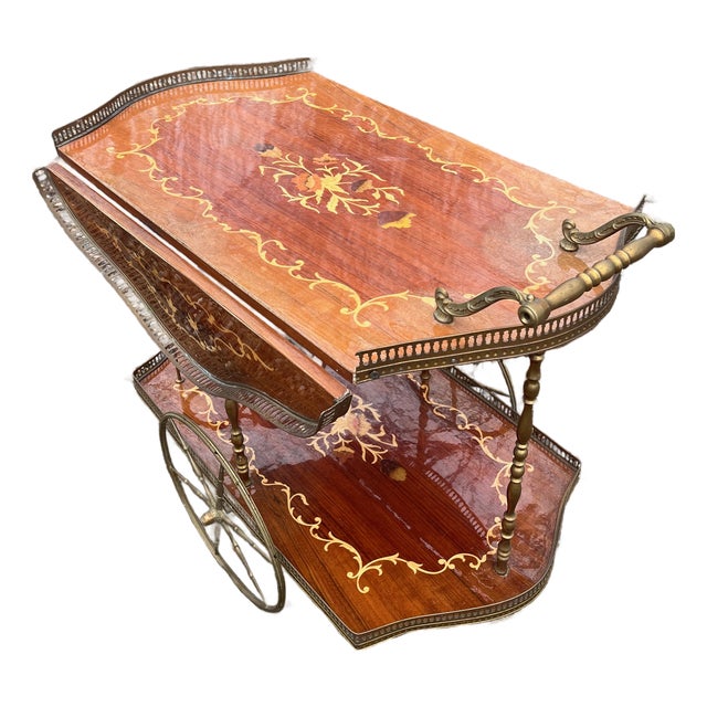 Italian Rolling Bar Cart Trolley Marquetry Wood Inlay Sides Fold Up Brass Galleries For Sale