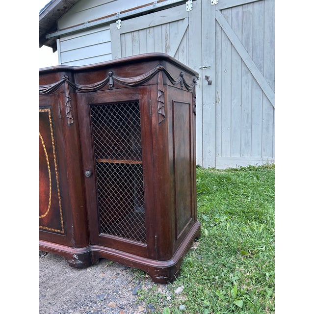 Vintage Carved Mahogany Sideboard / Bar Cabinet With Gold-Tooled Leather For Sale - Image 11 of 12