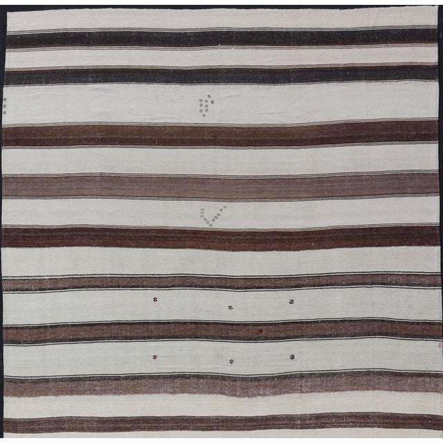 Measures:10'2 x 15'9 Vintage Turkish Hand Woven Kilim with Stripes in Ivory, Mocha, and Brown. Keivan Woven Arts / rug...