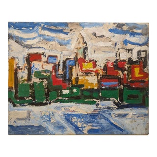 Vintage Mid-Century Abstract Nyc Manhattan Skyline Painting Lic East River For Sale