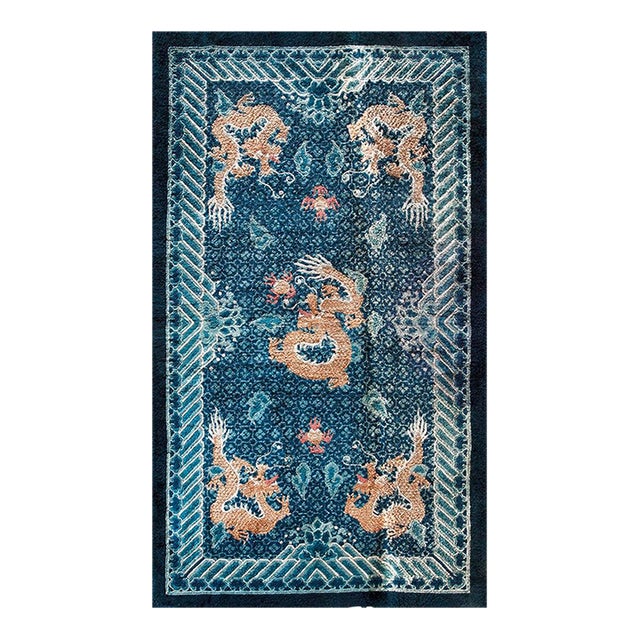 1980s Blue Dragon Vintage Silk Chinese Carpet 3' X 5 Knotted Pile Wool Rug For Sale