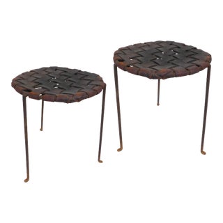 Pair of Iron and Woven Leather Stools by Lila Swift & Donald Monell For Sale