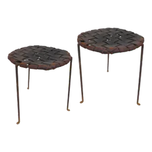 Pair of Iron and Woven Leather Stools by Lila Swift & Donald Monell