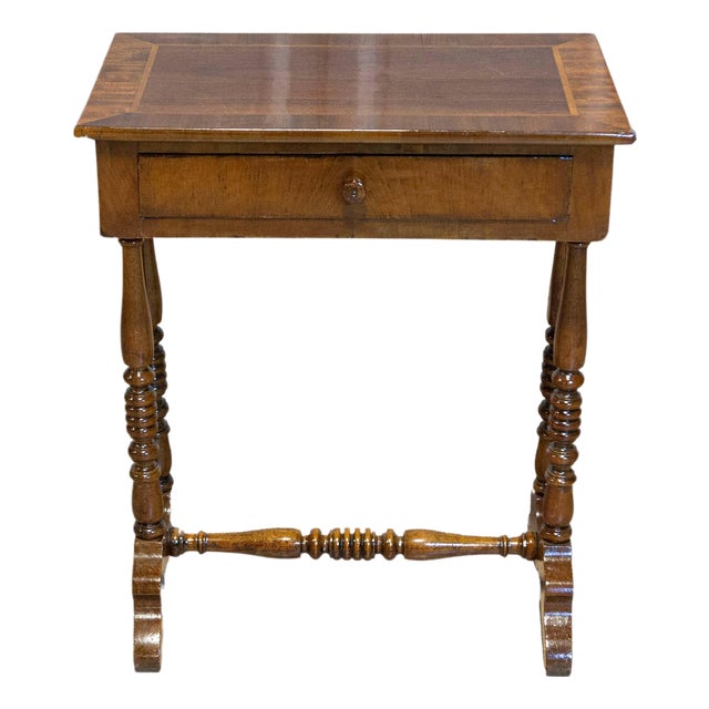 Italian 19th Century Walnut Side Table with Inlaid Banding and Turned Legs For Sale