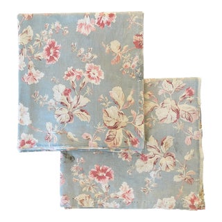 1880 French Antique Faded Blue Floral Printed Cotton Fabric Panels - Set of 2 - For Sale