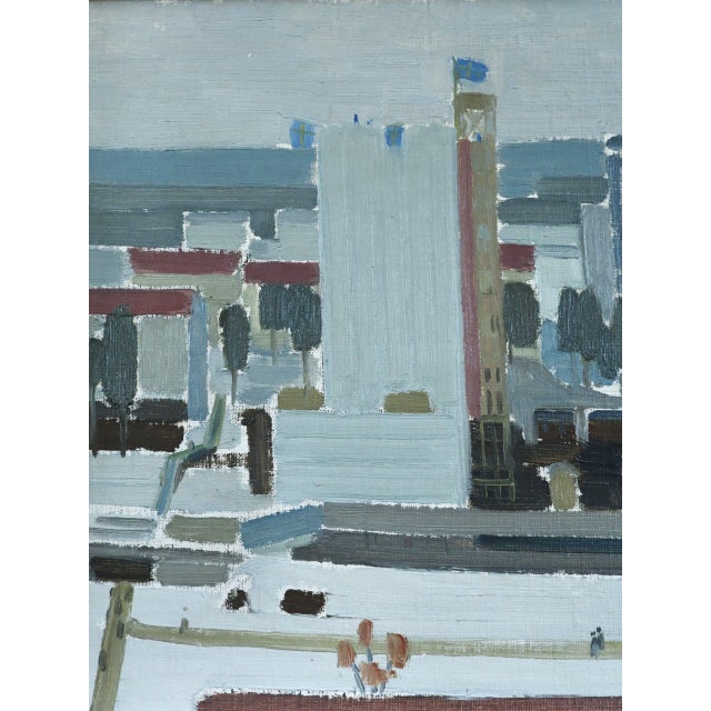 Textile Mid-Century Modern 'City Blocks' Vintage Abstract Street Scene Landscape Oil Painting by by Swedish Artist Kurt Lindon (1910-1985), Framed For Sale - Image 7 of 9