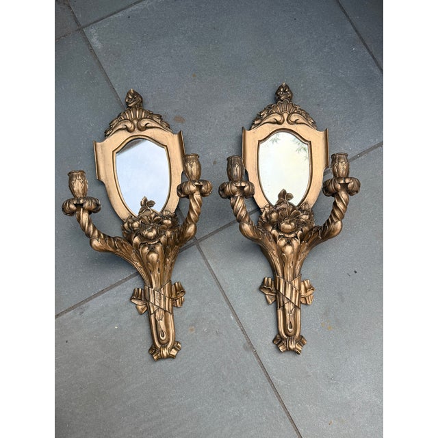 Vintage Italian Hollywood Regency Gilt Wood Mirrored Two-Arm Wall Sconces - A Pair For Sale - Image 15 of 15