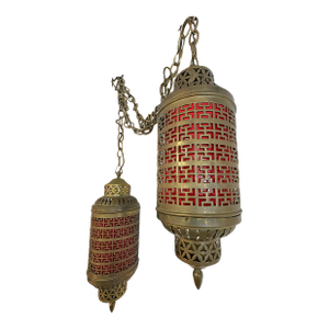 1900's Middle Eastern Hammered & Pierced Brass Swag Electrified Lanterns With Red Liner- A Pair