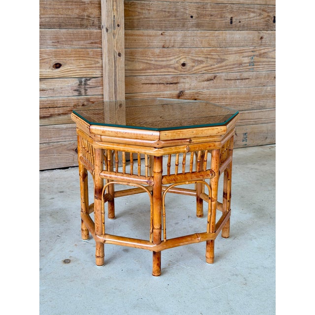 Vintage Octagonal Bamboo and Cane Side Table With Glass Top For Sale - Image 11 of 12