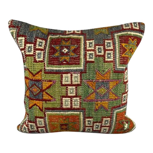 20 x 20 Kilim Pillow Turkish Cushion Natural Green Pillow Cushion Cover For Sale