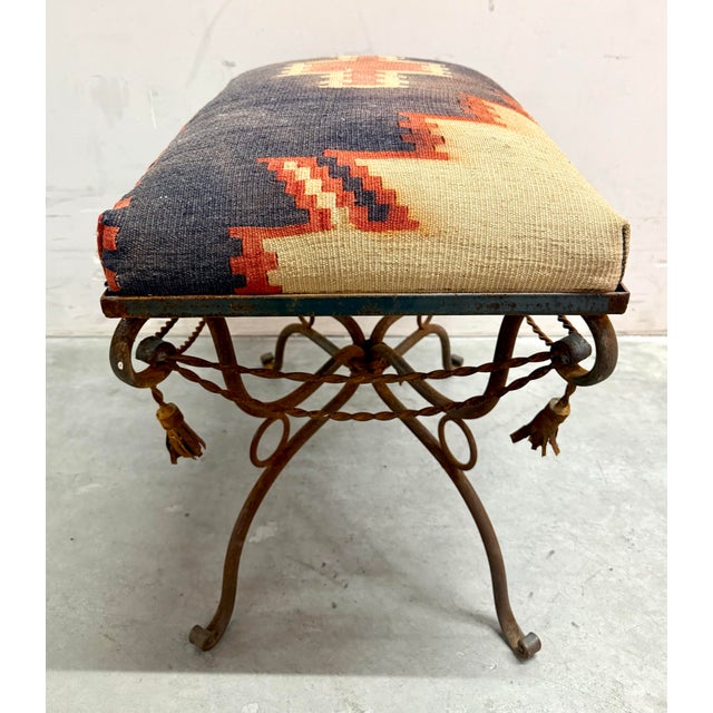 Metal Vintage Spanish Revival Wrought Iron Bench Ottoman With Kilim Upholstery For Sale - Image 7 of 12