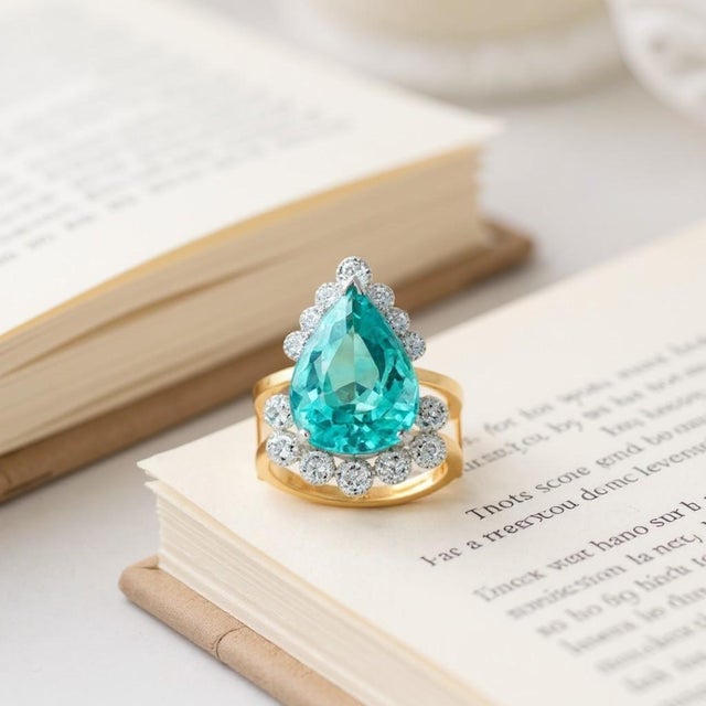 18 Karat White Yellow Gold Cocktail Ring Pear Apatite and Diamonds 10.05 Carat Size 5.5 For Sale - Image 9 of 13