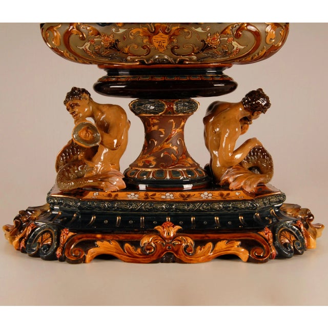 Ceramic Antique Centerpiece Ceramic Renaissance Revival Majolica Vase For Sale - Image 7 of 13