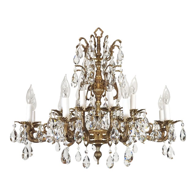 Antique 18 Light Regal Regency Brass Cut Lead Glass Crystal Chandelier For Sale