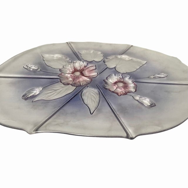 1970s Vintage Mikasa Walther Glass Oval Platter – Raised Floral & Leaf Design – Pink and Blue - Serving Tray or Centerpiece For Sale - Image 5 of 8