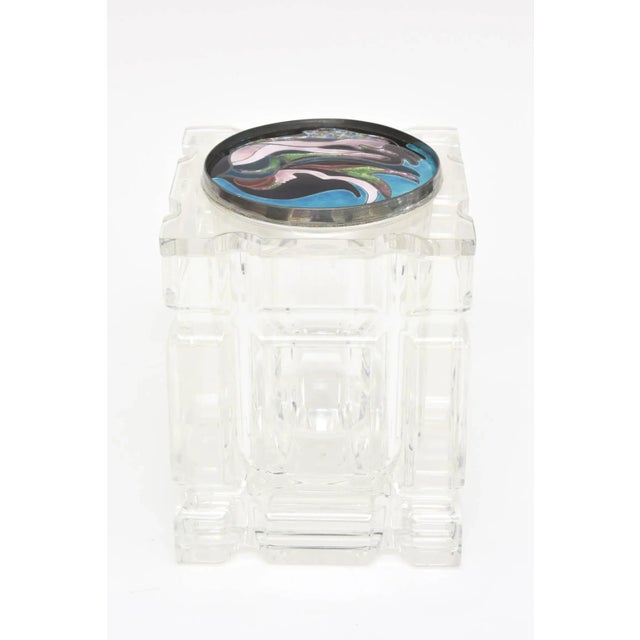 1970s Vintage Lucite Vessel or Box With Signed Foiled Enameled Cloisonne Top For Sale - Image 5 of 11