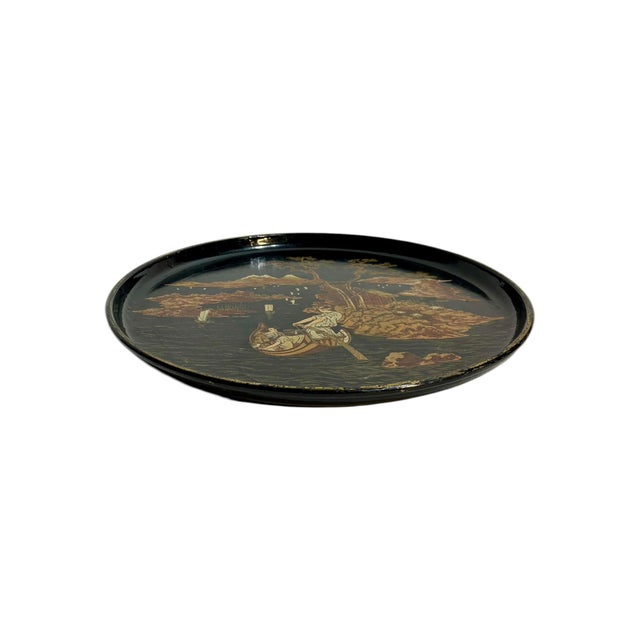 This stunning antique papier mâché tray features exquisite hand-painted Chinoiserie decoration on a glossy black lacquer...