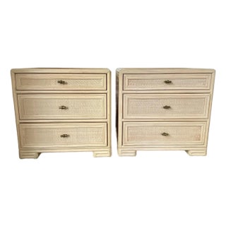 Ficks Reed Vintage Ming Feet Wicker and Rattan Three Drawer Nightstands or Side Tables -a Pair For Sale