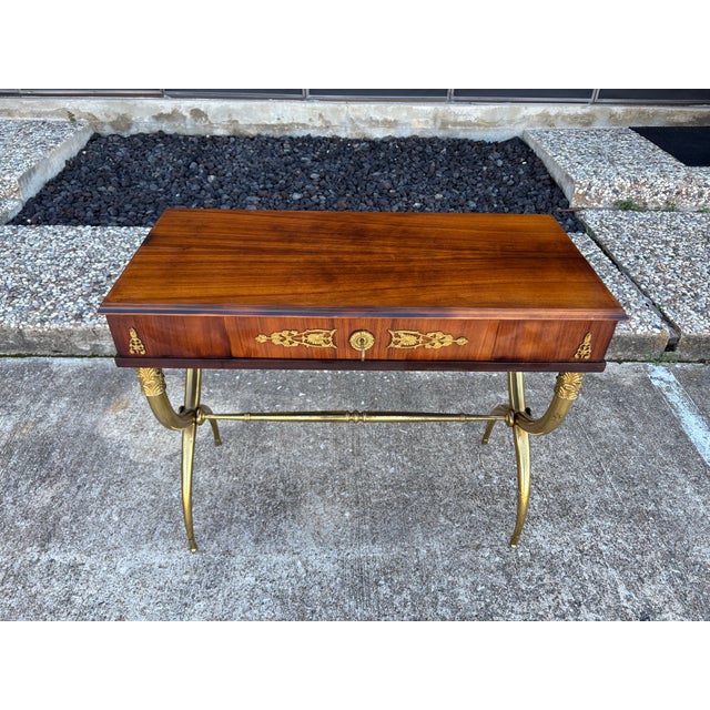 Wood 1950s French Restauration Style Desk on Brass Base For Sale - Image 7 of 13