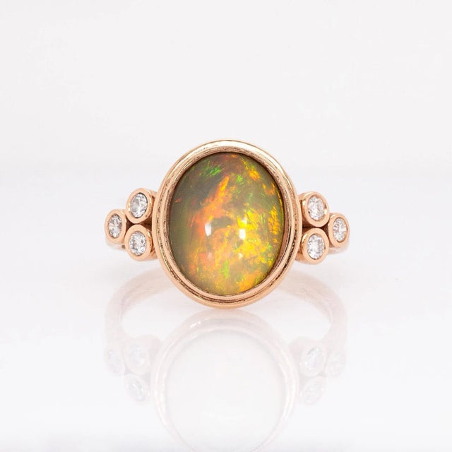 Contemporary 2.3cts Opal Ring With Natural Diamonds Accents: Solid 14k Rose Gold, Oval 11x9mm For Sale - Image 3 of 8