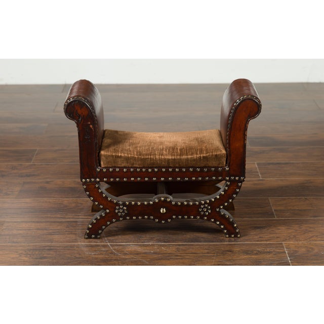 Petite English 1920s X-Form Leather Stool with Out-Scrolling Arms and Nailheads For Sale - Image 4 of 11