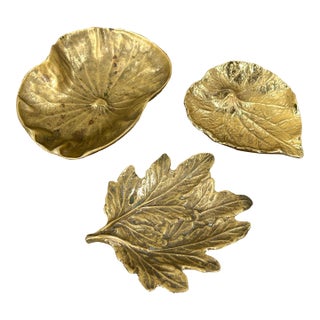 Virginia Metalcrafters Solid Brass Leaf Catchalls, Lotus, Violet & Chrysanthemum - Set of 3 For Sale